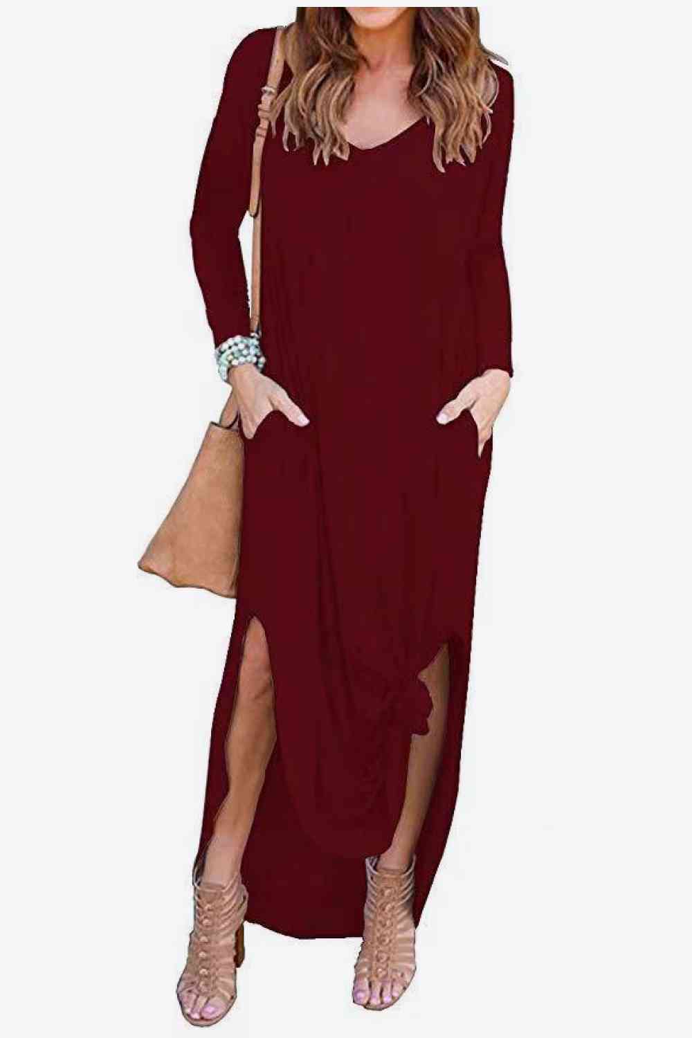 Split Long Sleeve V-Neck Maxi Dress