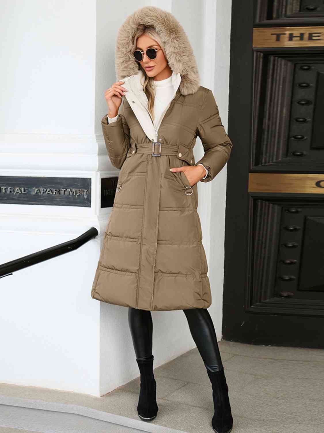 Longline Hooded Winter Coat with Pockets