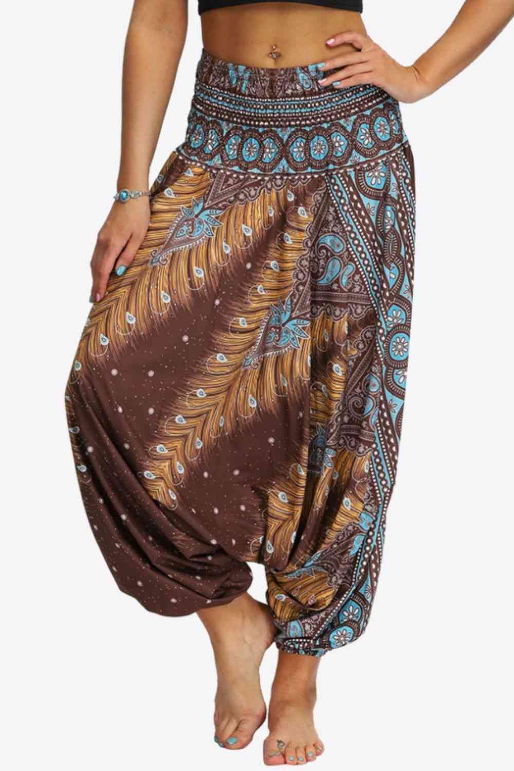 Printed Smocked Waist Harem Pants