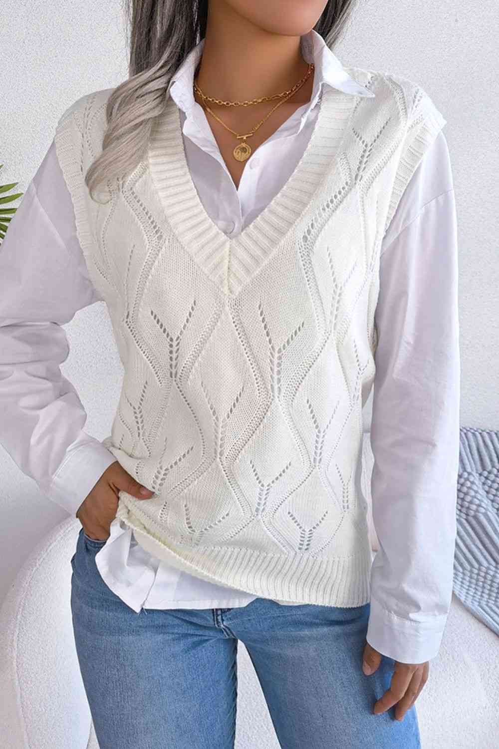 Openwork Ribbed Trim Sweater Vest