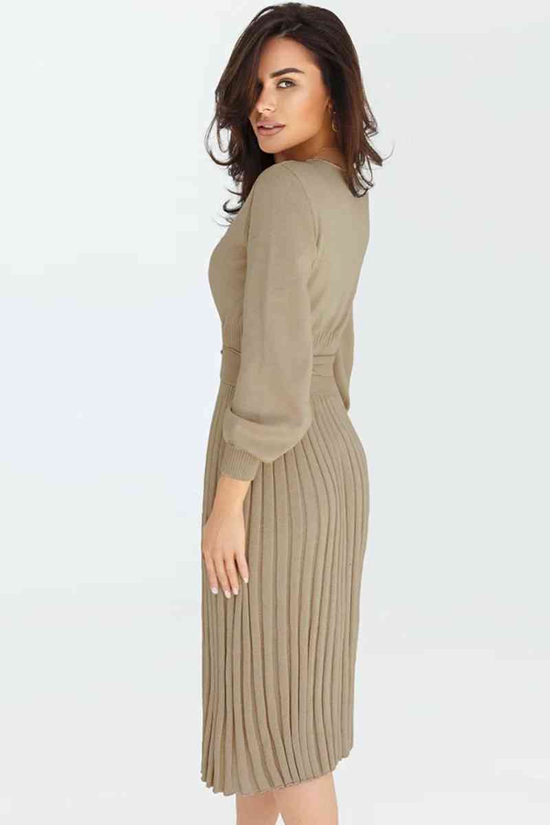 Round Neck Long Sleeve Pleated Sweater Dress