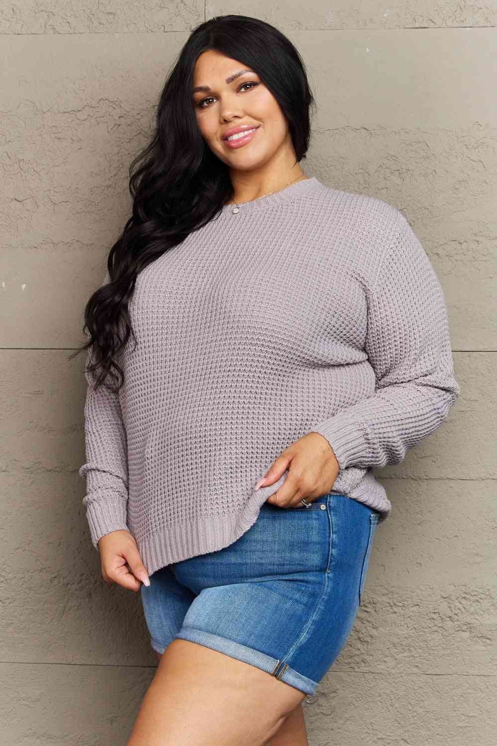 Zenana Breezy Days Plus Size High Low Waffle Knit Sweater