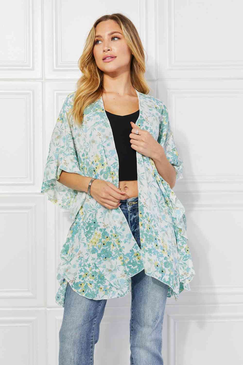 Justin Taylor Fields of Poppy Floral Kimono in Green