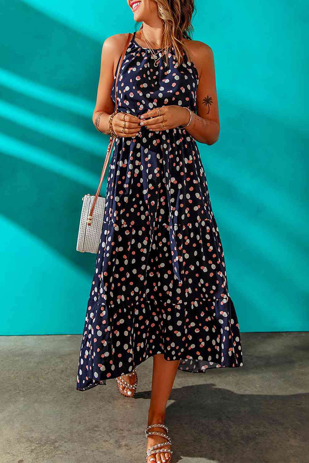 Polka Dot Belted Sleeveless Tiered Maxi Dress