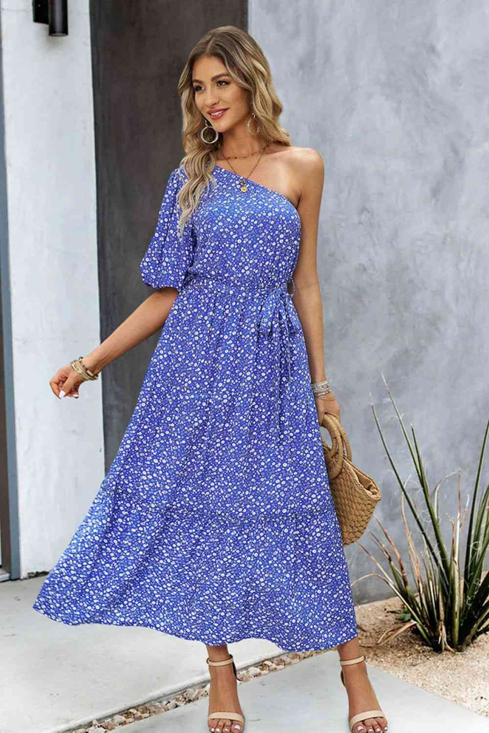 Printed One-Shoulder Tie Belt Maxi Dress