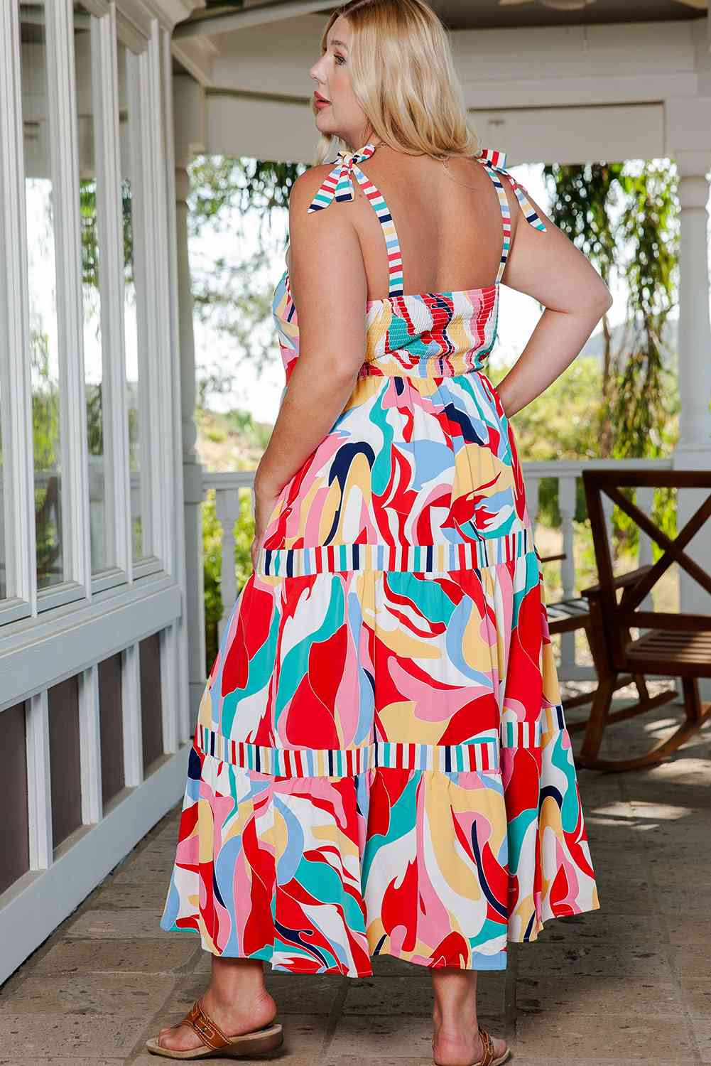 Plus Size Printed Tie Straps Straight Neck Maxi Dress