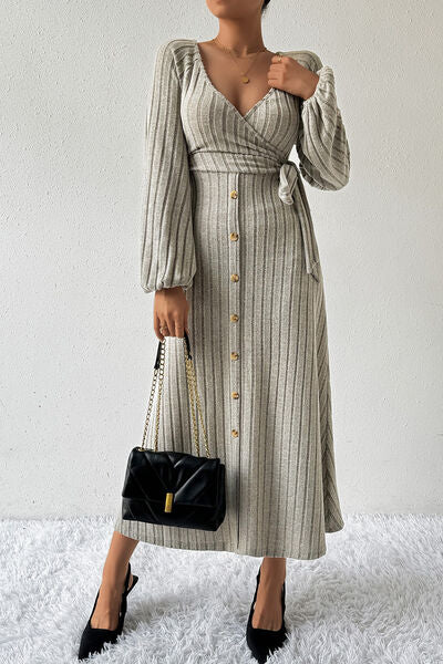 Surplice Tied Balloon Sleeve Midi Dress