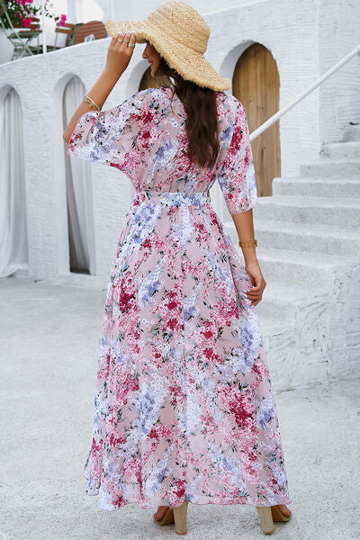 Printed Tied Half Sleeve Slit Dress