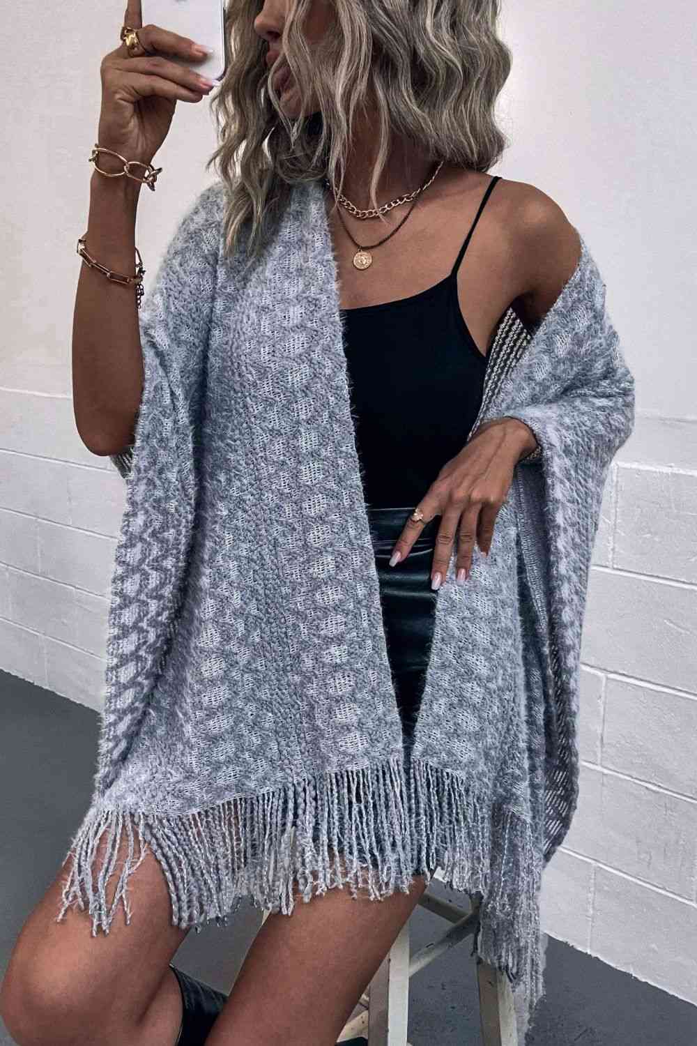 Open Front Fringe Hem Poncho