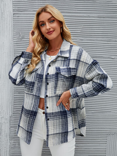 Plaid Pocketed Button Up Dropped Shoulder Jacket