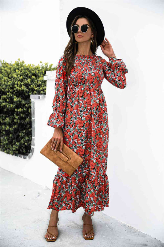 Printed Puff Sleeve Ruffle Maxi Dress