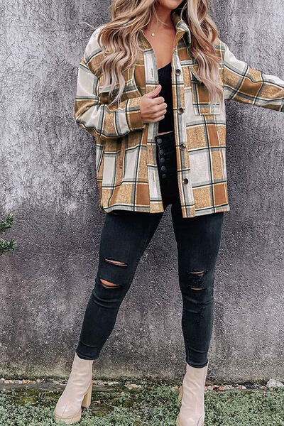 Plaid Pocketed Dropped Shoulder Coat